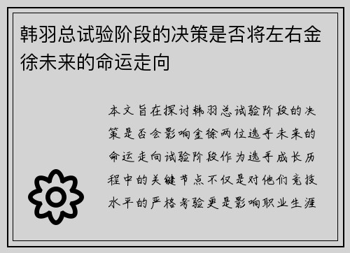 韩羽总试验阶段的决策是否将左右金徐未来的命运走向