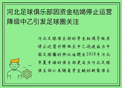 河北足球俱乐部因资金枯竭停止运营降级中乙引发足球圈关注